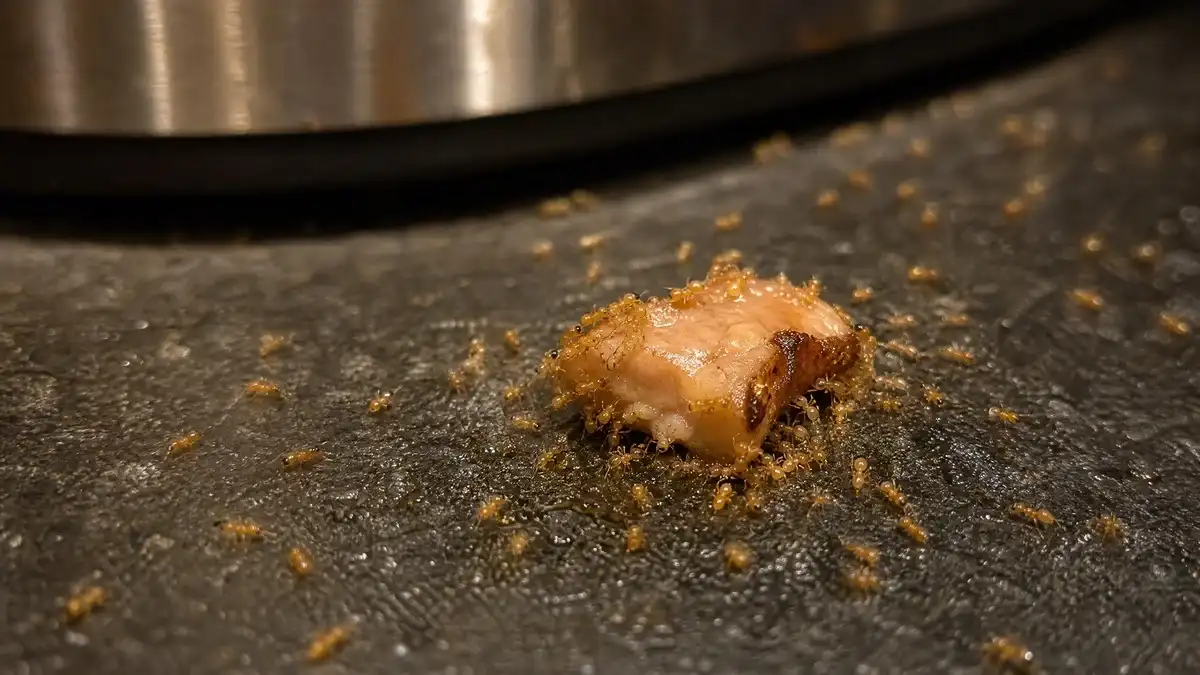 Tiny thief ants swarming around greasy protein food on dark kitchen countertop — Solenopsis molesta infestation