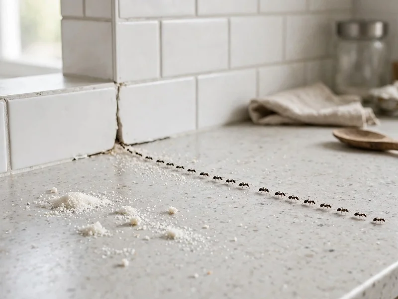 A continuous sugar ant trail on a clean stone kitchen countertop, moving from scattered sugar crumbs toward a narrow crack between the backsplash and counter, showing an entry point.