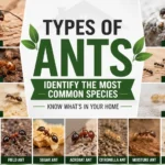 Types of ants identification guide showing common household ant species including carpenter ants, fire ants, pavement ants, odorous house ants, little black ants, and pharaoh ants.