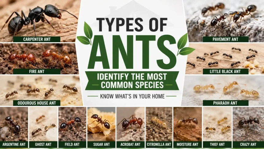 Types of ants identification guide showing common household ant species including carpenter ants, fire ants, pavement ants, odorous house ants, little black ants, and pharaoh ants.