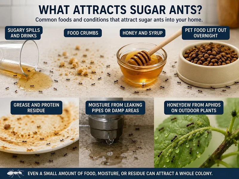 Foods and household conditions that attract sugar ants, including sugary spills, food crumbs, honey, pet food, grease, moisture, and aphid honeydew.