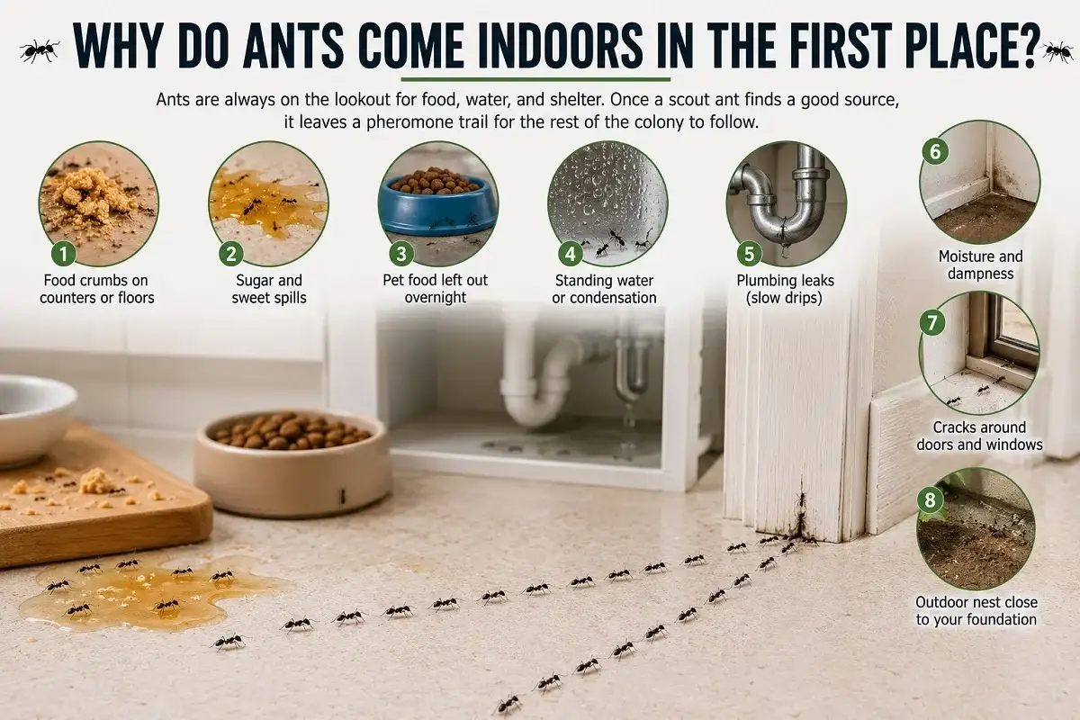Black ants in house following a pheromone trail to food crumbs, sugar spills, pet food, water, and entry points inside a kitchen
