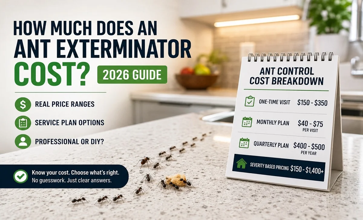 Trail of ants crossing a clean kitchen countertop beside a pricing board showing estimated ant exterminator costs and treatment plan options for 2026.