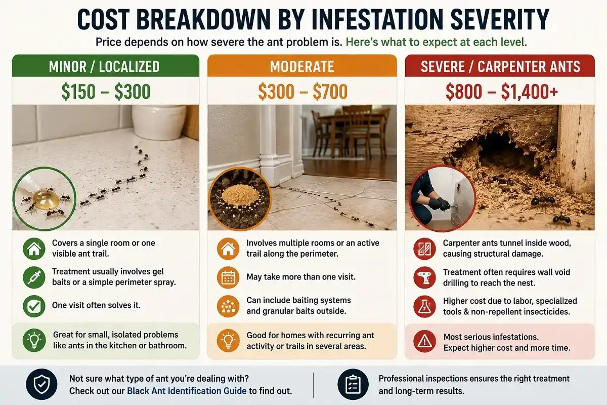 Comparison chart showing ant extermination costs by infestation severity, from minor ant trails to severe carpenter ant damage requiring professional treatment.