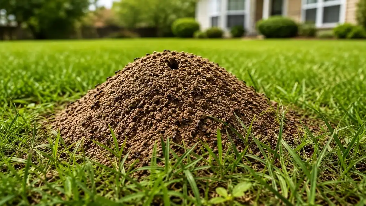 Ant mound in a green lawn showing active ant colony in a residential yard