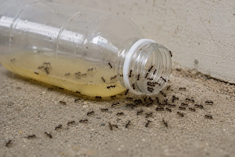 Ants feeding on bait inside a homemade plastic bottle ant trap