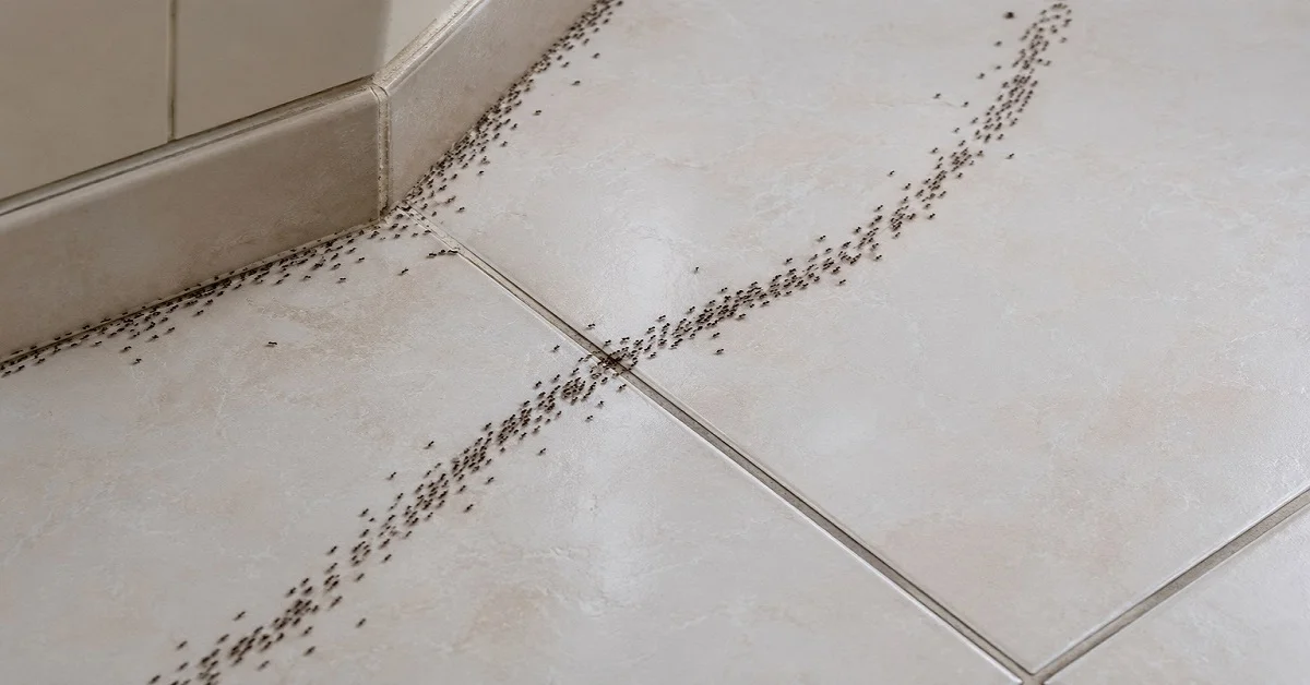 A long trail of ants crossing a tiled kitchen floor after entering through a gap near the wall.