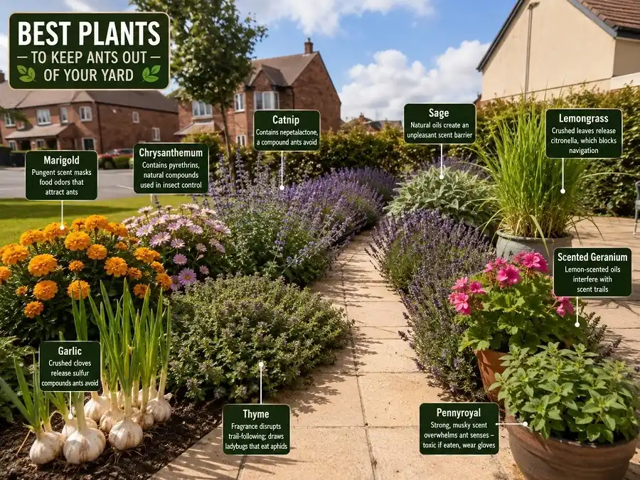 Outdoor garden with lavender, thyme, marigolds, garlic, lemongrass, and other ant-repelling plants growing along a garden path.