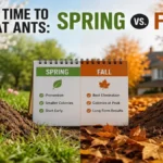 Best time to treat ants in spring vs fall with ant mounds in a yard showing seasonal ant control comparison