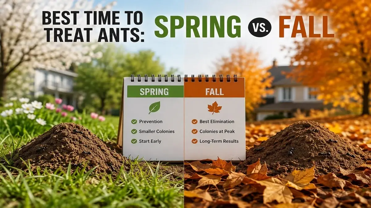 Best time to treat ants in spring vs fall with ant mounds in a yard showing seasonal ant control comparison