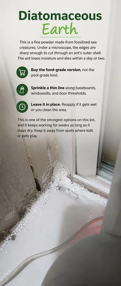 Food-grade diatomaceous earth sprinkled along a windowsill and doorway to create a barrier that helps stop ants from entering the home.
