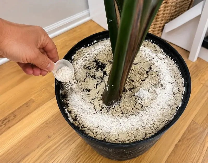 Hand sprinkling diatomaceous earth powder in a thin ring around the base of a potted plant.