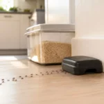 Ant bait station beside a small trail of ants in a clean kitchen