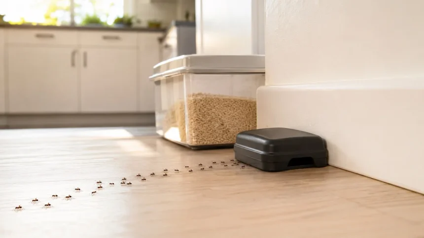 Ant bait station beside a small trail of ants in a clean kitchen