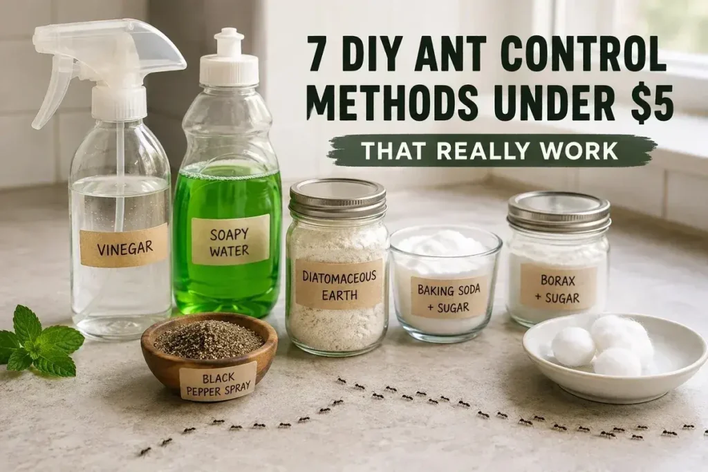 DIY ant control supplies including vinegar spray, soapy water, borax bait, diatomaceous earth, and baking soda arranged on a kitchen counter with an ant trail.
