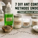 DIY ant control supplies including vinegar spray, soapy water, borax bait, diatomaceous earth, and baking soda arranged on a kitchen counter with an ant trail.