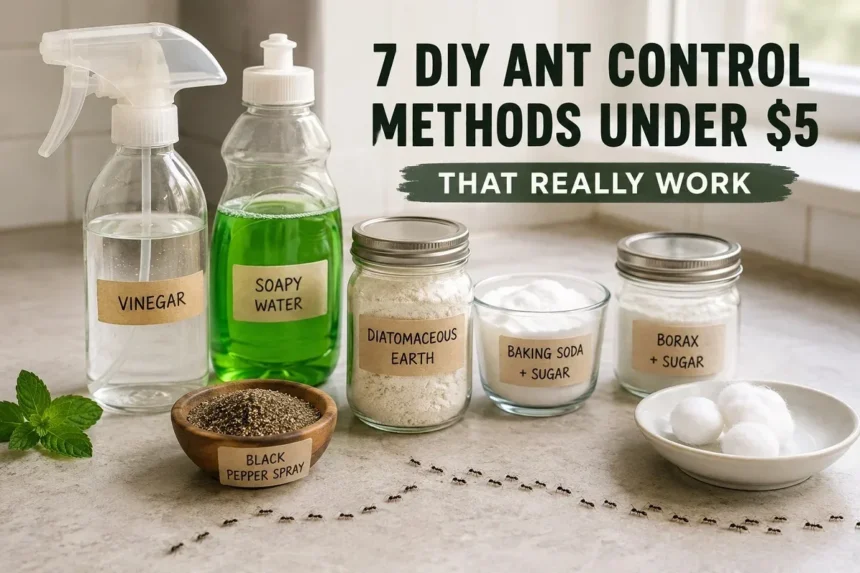 DIY ant control supplies including vinegar spray, soapy water, borax bait, diatomaceous earth, and baking soda arranged on a kitchen counter with an ant trail.