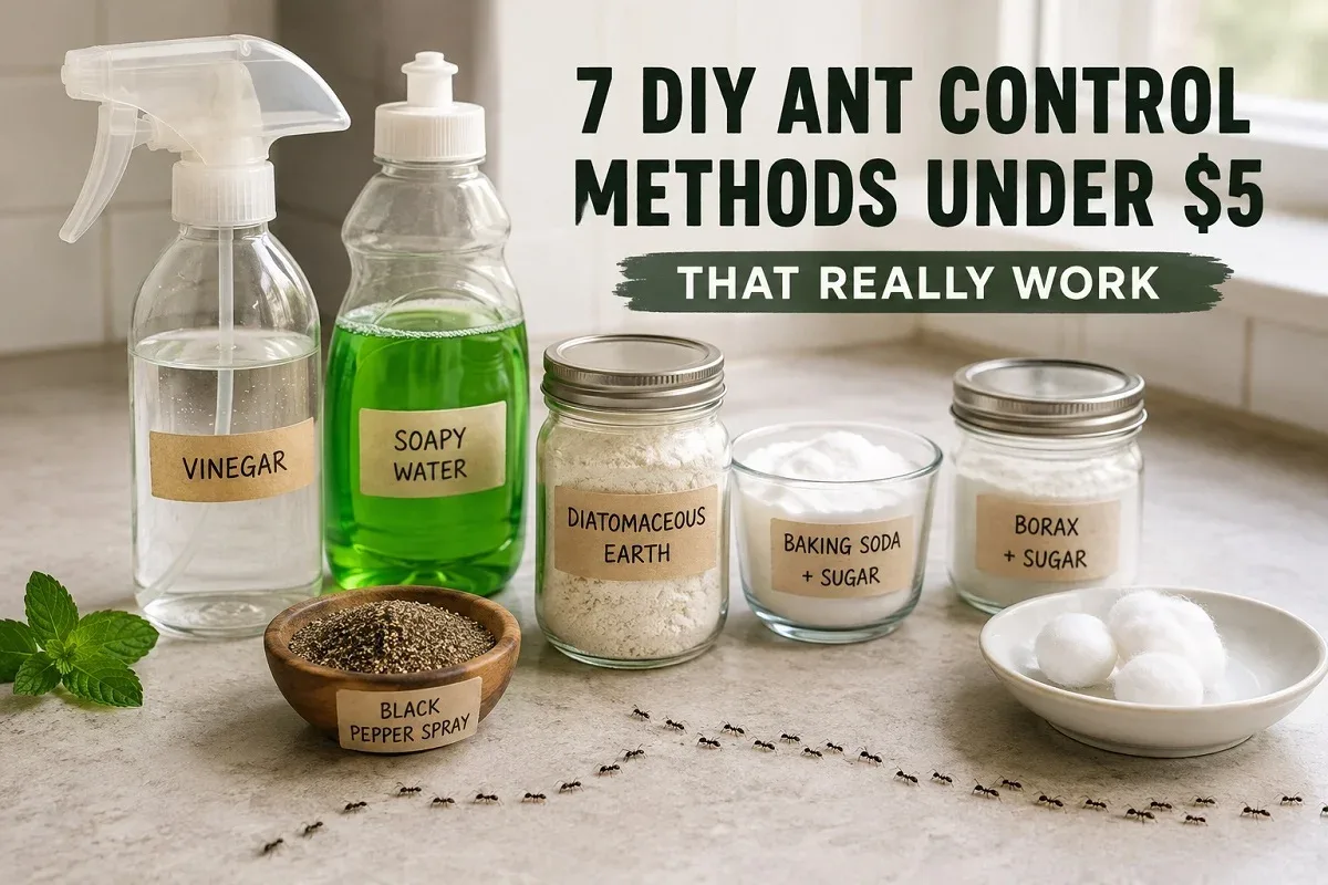 DIY ant control supplies including vinegar spray, soapy water, borax bait, diatomaceous earth, and baking soda arranged on a kitchen counter with an ant trail.