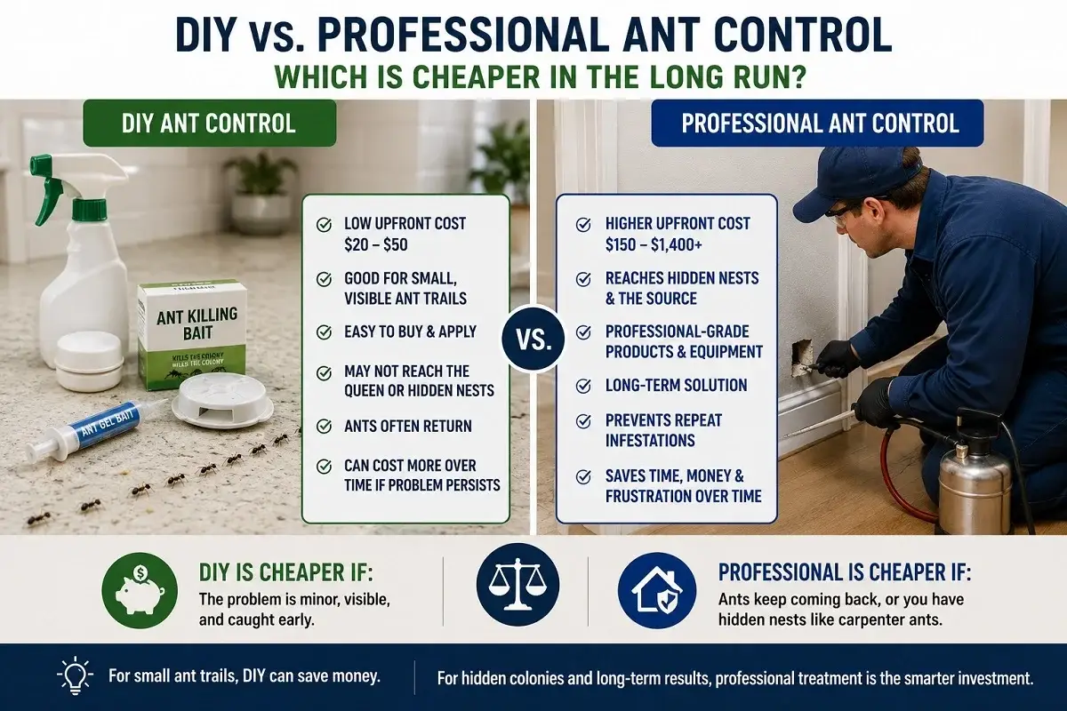 Side-by-side comparison of DIY ant control products and a professional exterminator treating a hidden ant nest inside a home's wall.