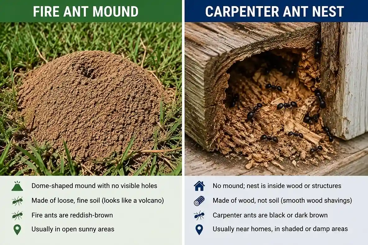 Side-by-side comparison of a fire ant mound and a carpenter ant nest showing their key differences