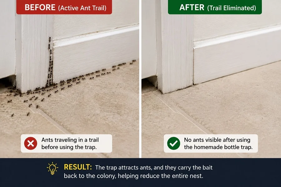 an ant trail before and after using a homemade plastic bottle ant trap