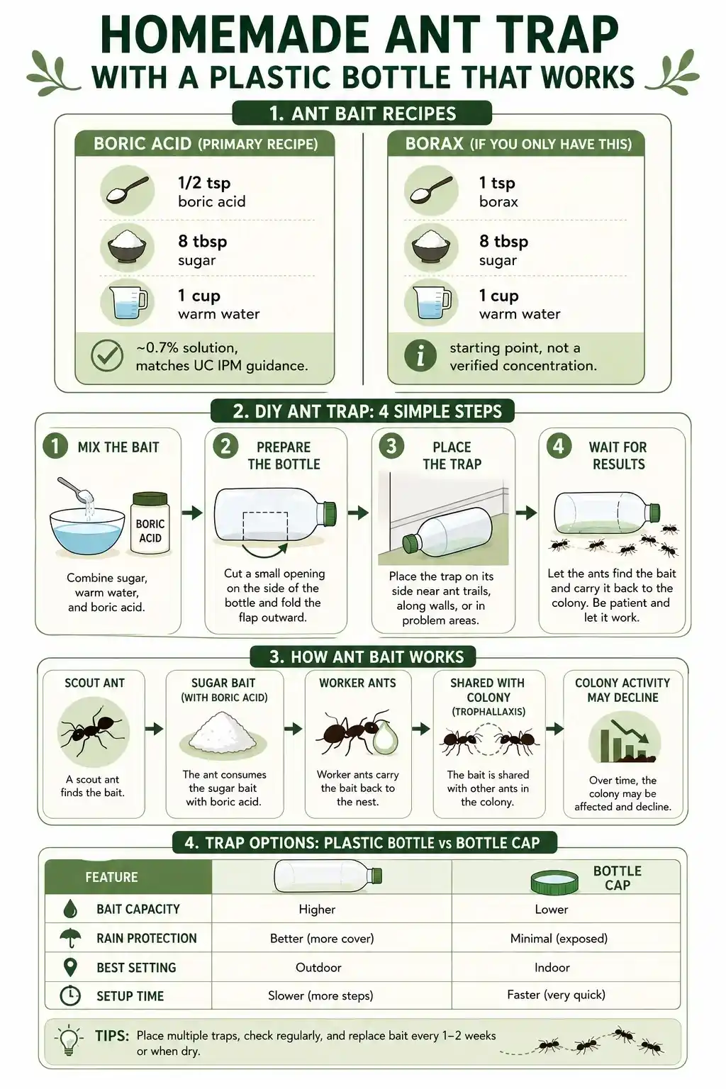 Homemade ant trap with a plastic bottle showing bait recipes, setup steps, and how ant bait works