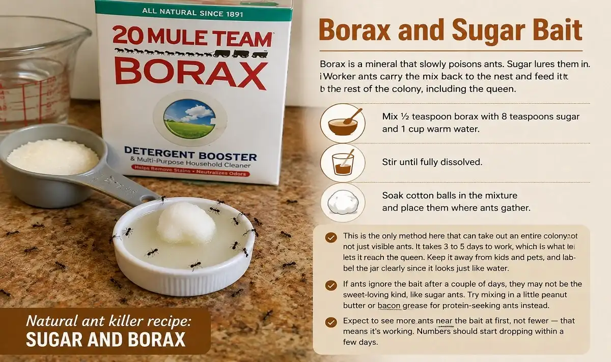 Cotton ball soaked in a borax and sugar bait mixture placed in a small dish beside an ant trail with the ingredients used to prepare the homemade bait.