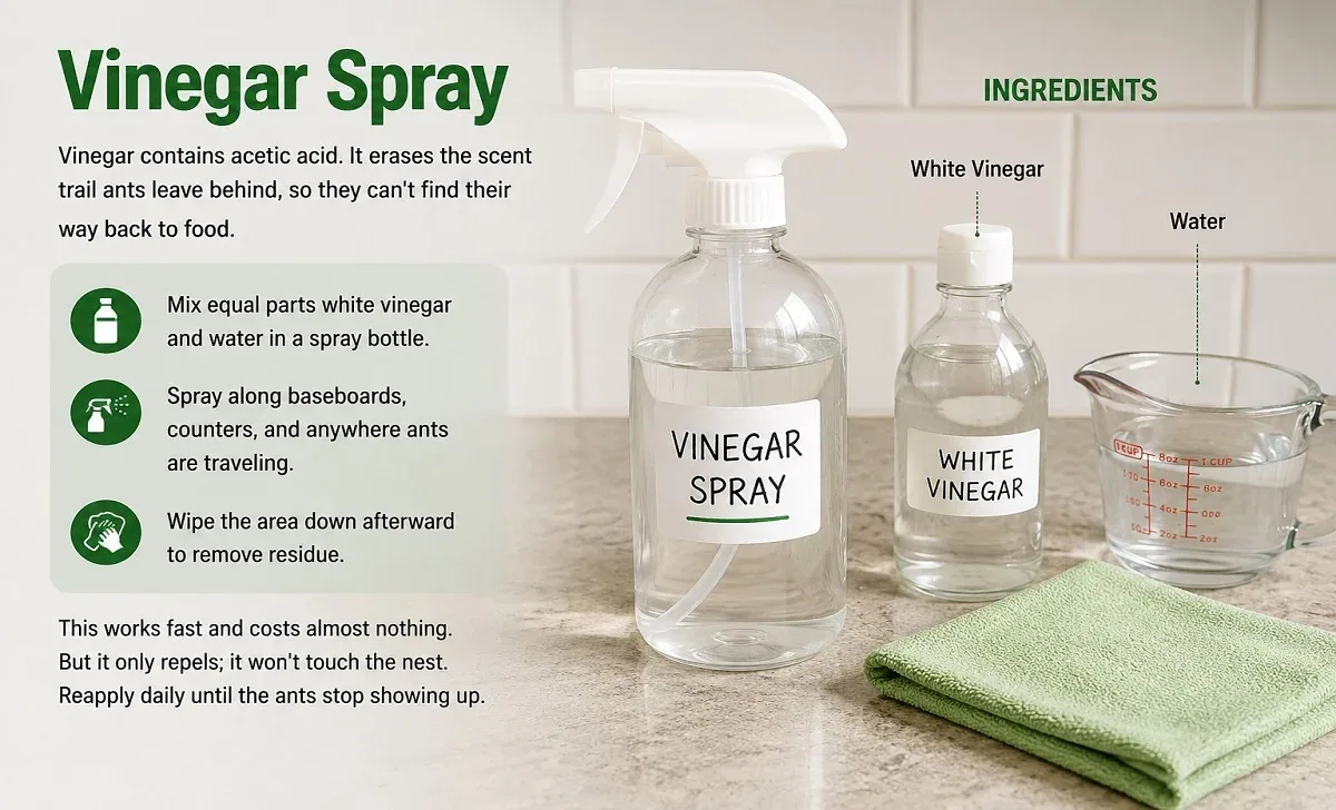 Homemade vinegar spray made with equal parts white vinegar and water, alongside the ingredients used to clean ant trails around the home.