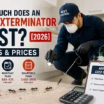 Pest control technician inspecting an ant infestation in a kitchen while showing estimated ant extermination costs for one-time, monthly, and quarterly treatment plans.