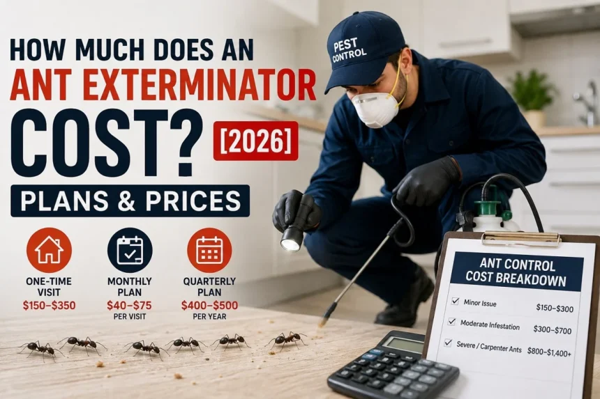 Pest control technician inspecting an ant infestation in a kitchen while showing estimated ant extermination costs for one-time, monthly, and quarterly treatment plans.