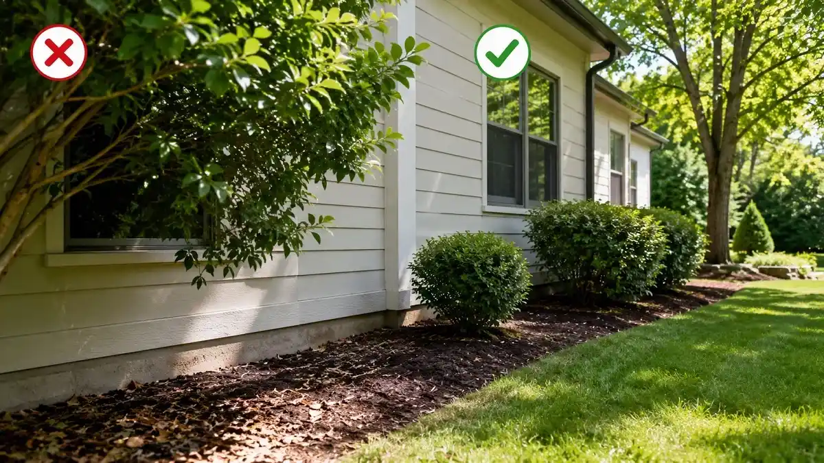 Trimmed vegetation and mulch kept away from a house foundation