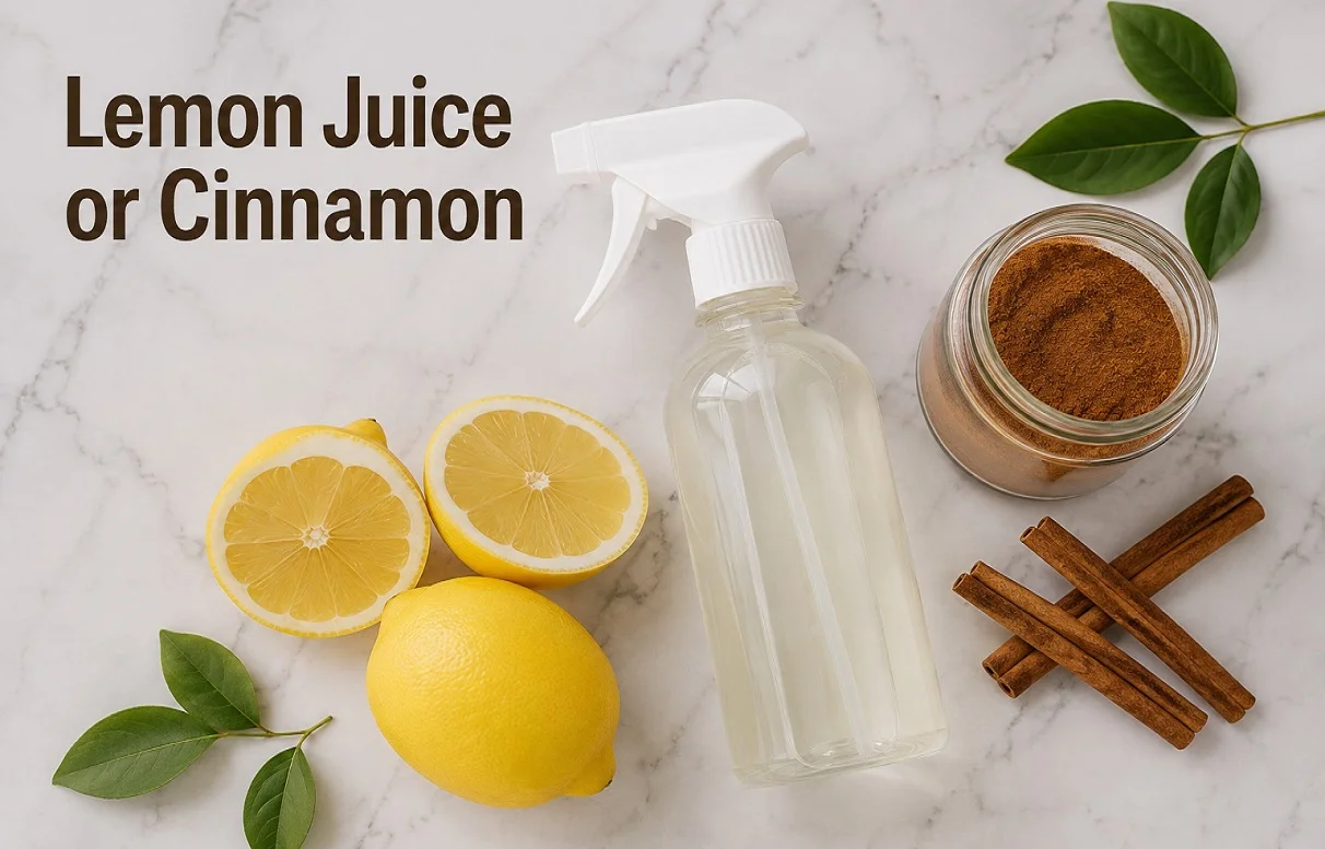 Lemon halves, a homemade lemon spray bottle, and ground cinnamon with cinnamon sticks arranged in a flat lay for natural ant control.