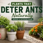 Potted mint, basil, rosemary, lavender, and marigolds placed near a home's entrance to help deter ants naturally indoors and outdoors.