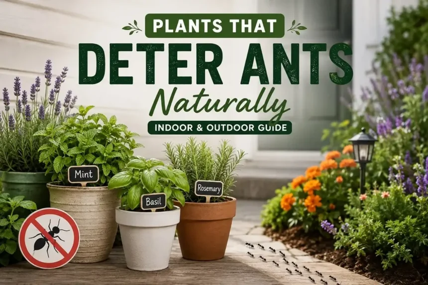 Potted mint, basil, rosemary, lavender, and marigolds placed near a home's entrance to help deter ants naturally indoors and outdoors.