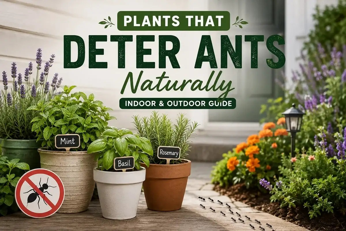 Potted mint, basil, rosemary, lavender, and marigolds placed near a home's entrance to help deter ants naturally indoors and outdoors.