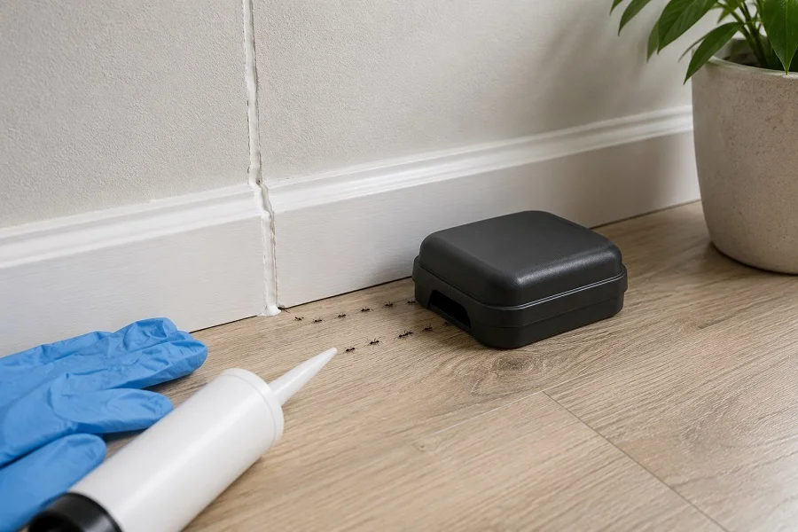 Safe DIY ant control setup with bait station and sealed wall gap