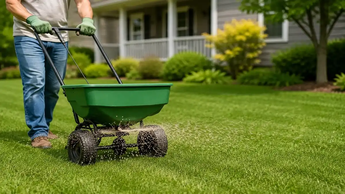 Person spreading granular ant bait across a lawn with a broadcast spreader to control outdoor ant colonies