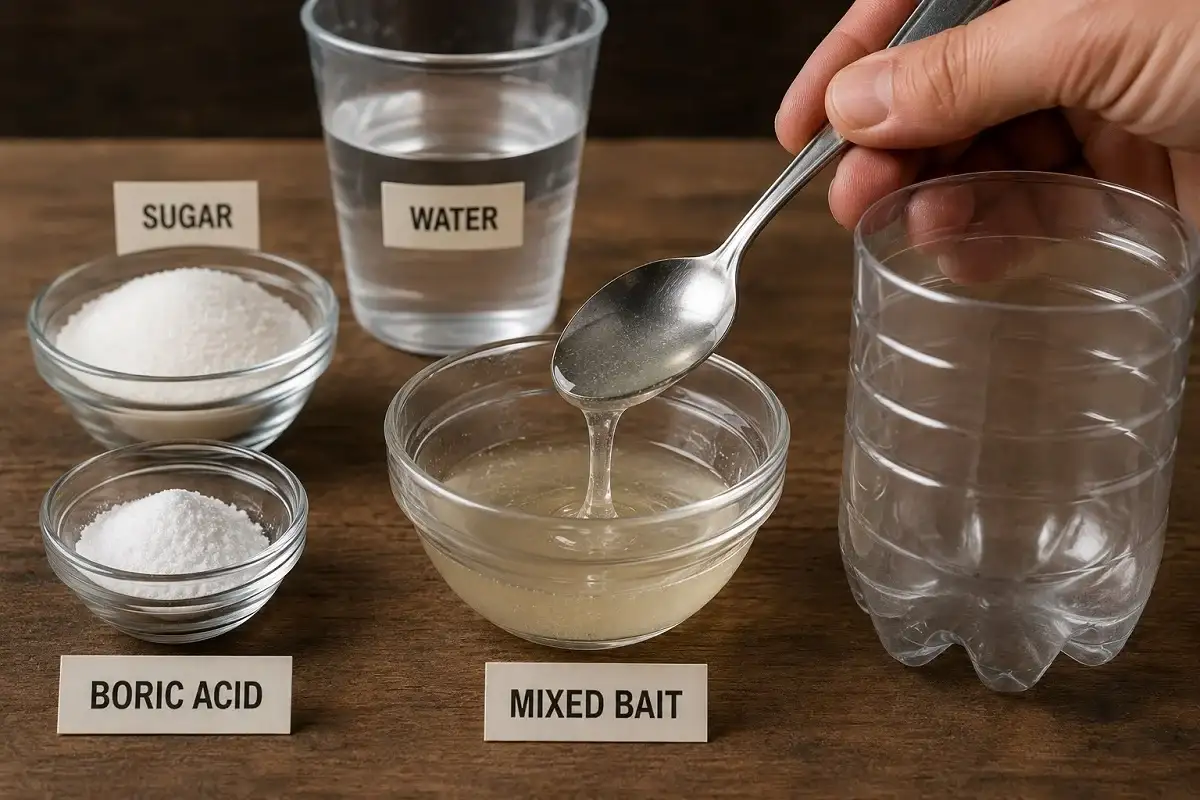 Sugar, boric acid, and water mixed to make ant bait