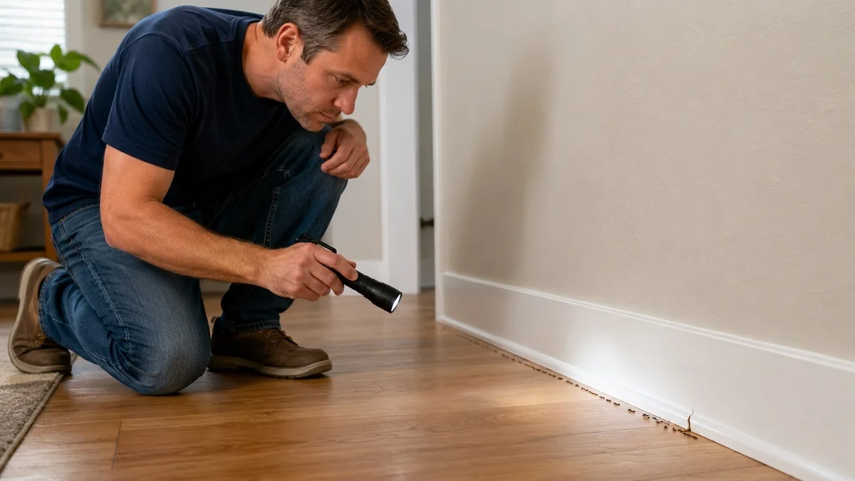 Tracing an ant trail to an entry point along a baseboard