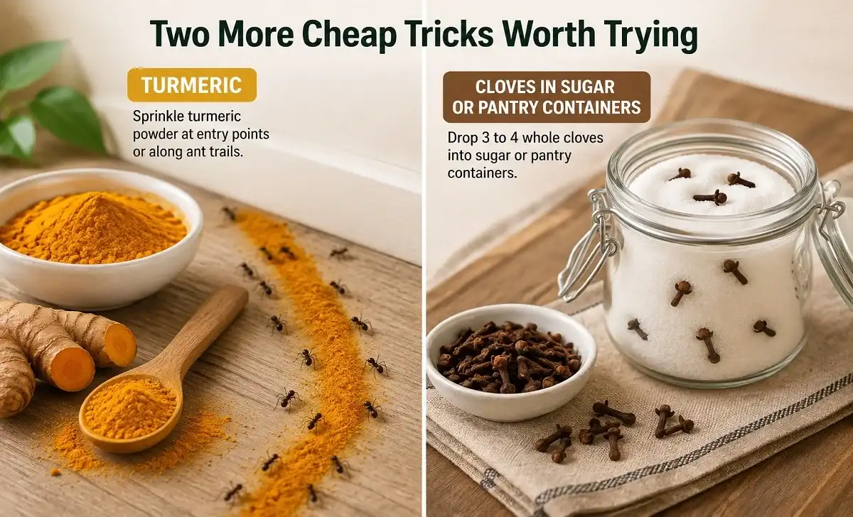 Turmeric powder sprinkled along an ant trail beside a sugar jar filled with whole cloves, showing two natural household methods used to discourage ants.