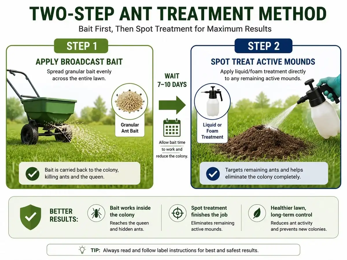 Two-step ant treatment diagram showing broadcast bait application followed by spot treatment of active ant mounds