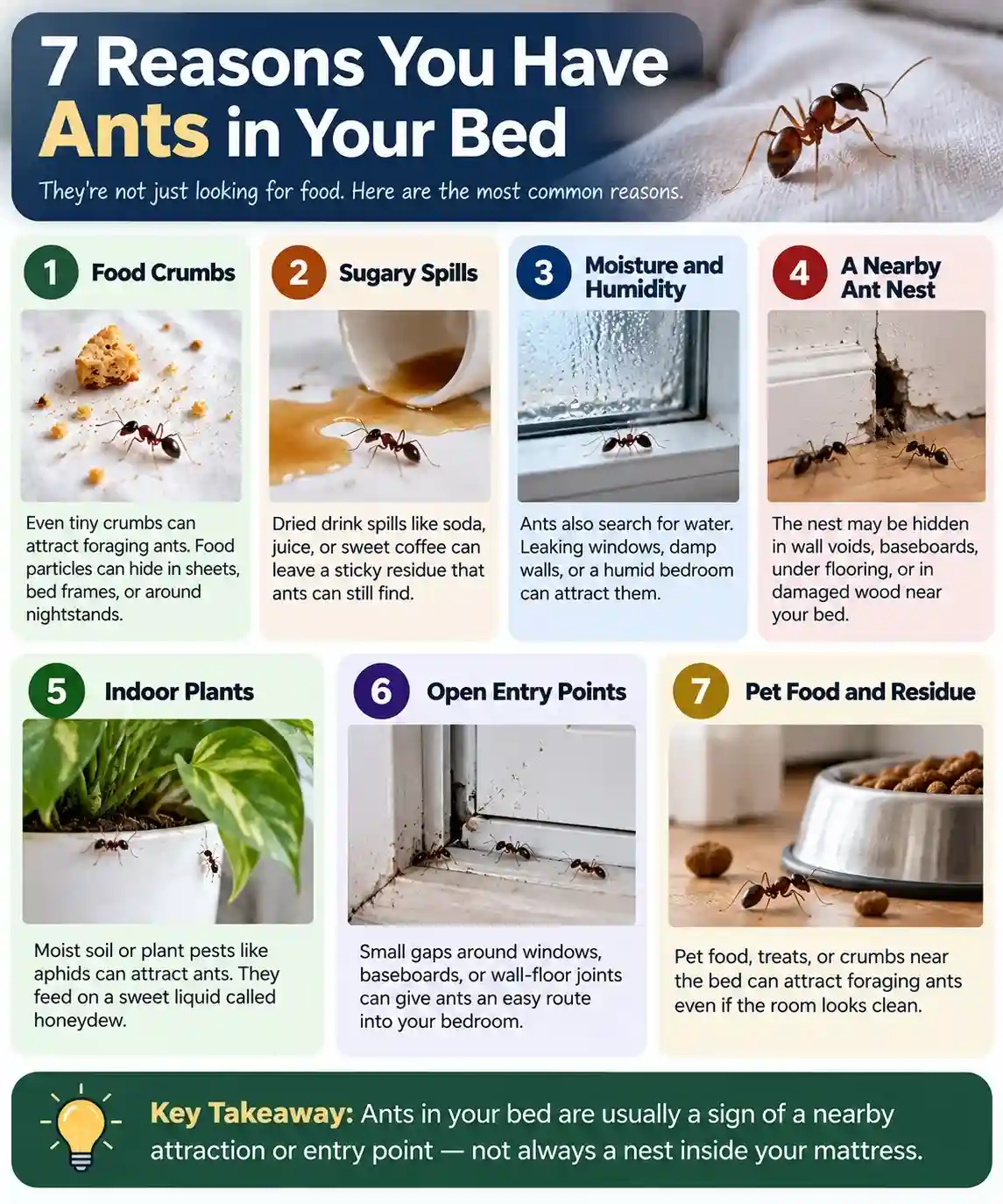 seven reasons for ants in bed, including food crumbs, sugary spills, moisture, nearby nests, indoor plants, entry points, and pet food