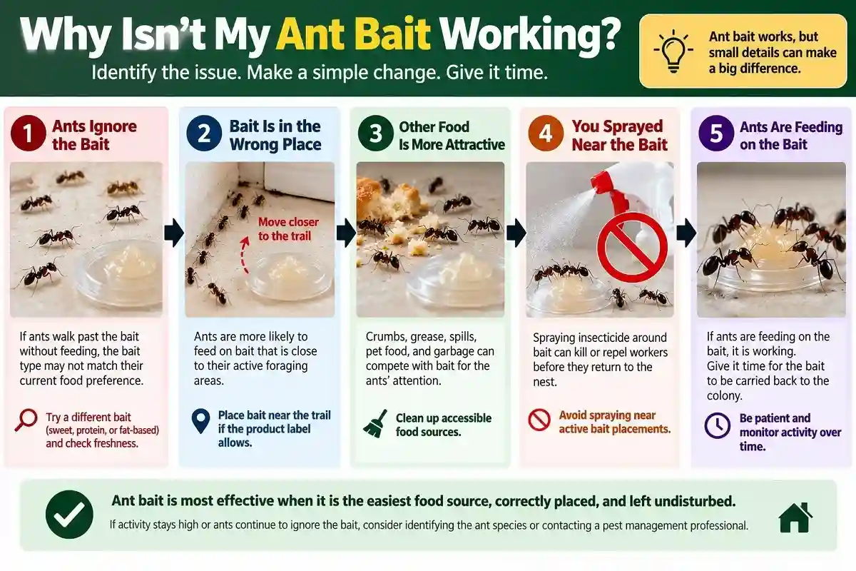 Ant bait troubleshooting infographic showing common reasons ants ignore bait and how to improve bait placement and effectiveness.