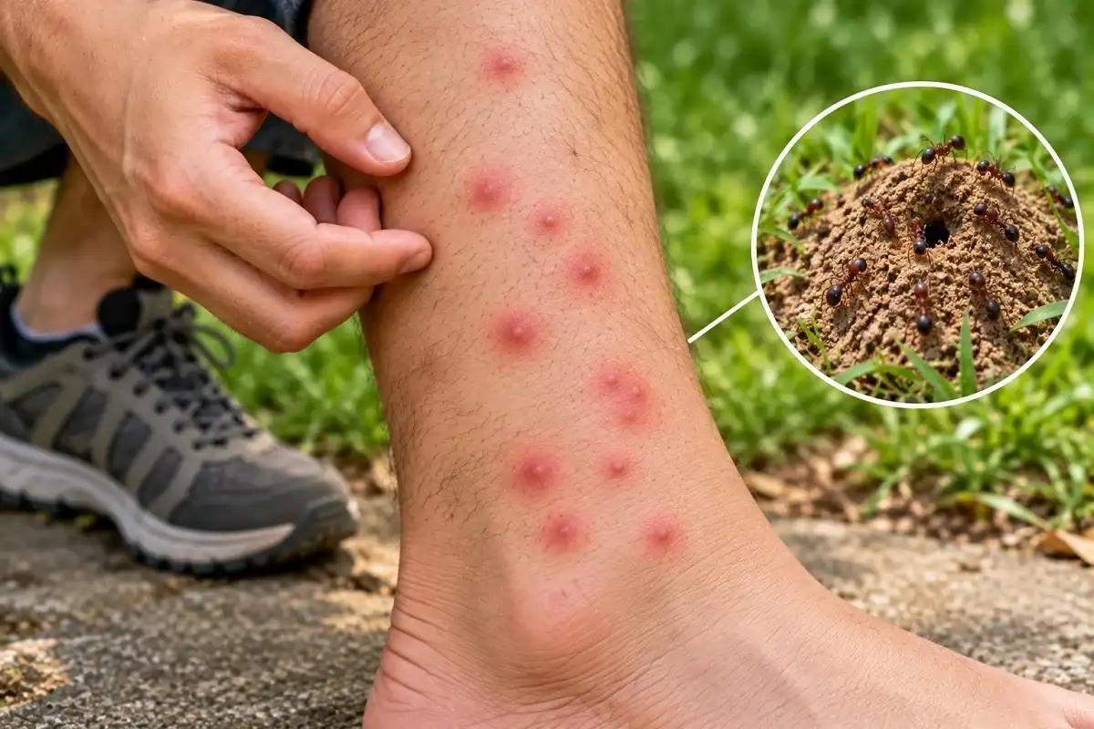 Multiple suspected ant bites in an irregular pattern on the lower leg