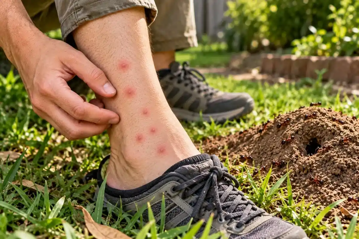 Suspected ant bites on an ankle near an active ant mound outdoors