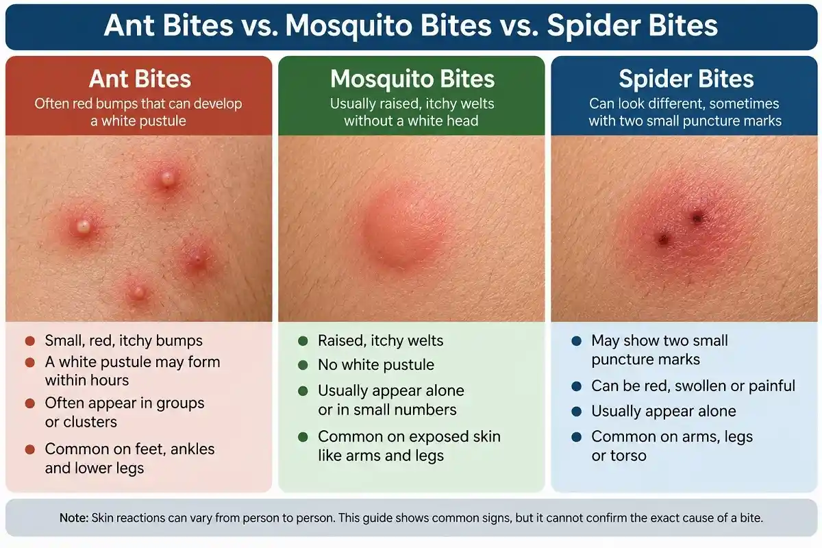 Visual comparison of ant bites, mosquito bites, and spider bite-like skin reactions