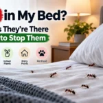 Ants crawling on a bed with common causes including food crumbs, moisture, indoor plants, entry points, and pet food