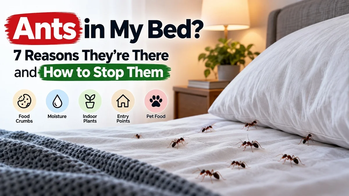 Ants crawling on a bed with common causes including food crumbs, moisture, indoor plants, entry points, and pet food