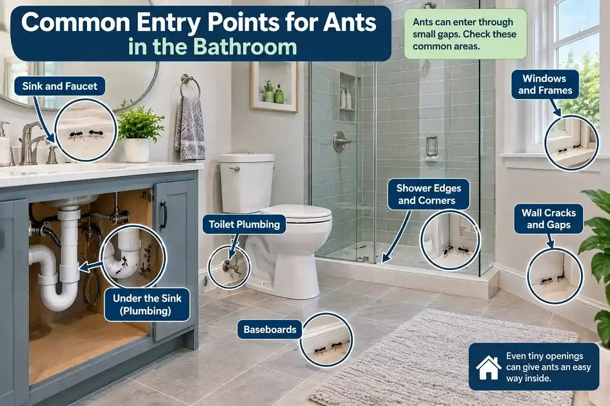 Bathroom diagram showing common ant entry points around the sink, plumbing, toilet, shower, baseboards, windows, and wall gaps