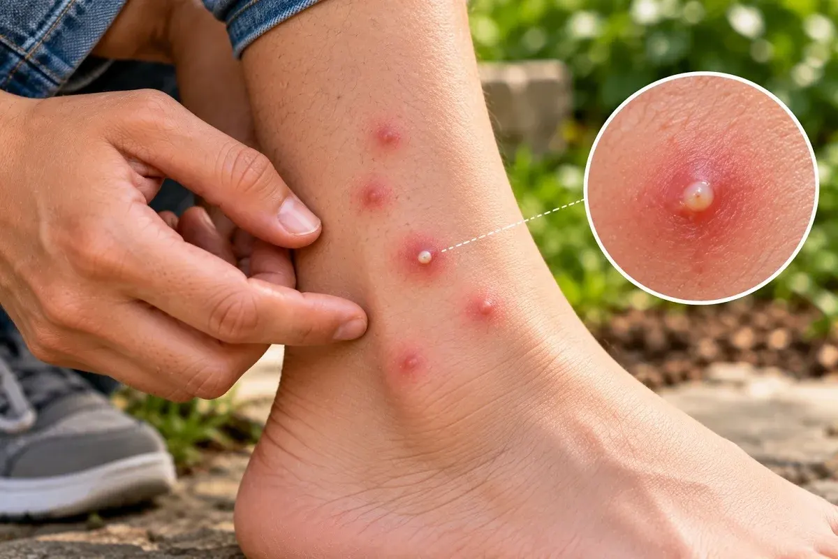 Fire ant bites on an ankle with red bumps and a white pustule
